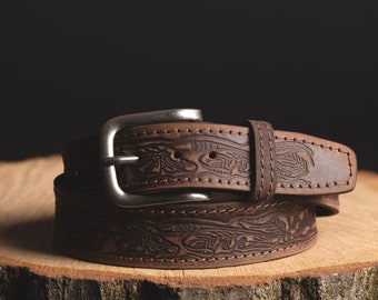 Cinturón de cuero marrón en relieve / Hermoso cinturón de cuero artesanal de grano completo hecho en Canadá / Decorativo, abstracto, boho, cinturón, regalo para él