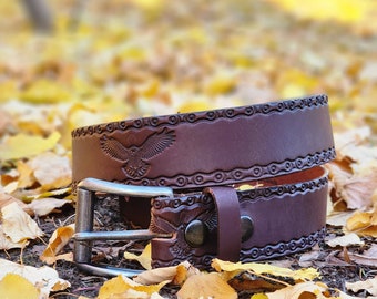 Brown Leather Belt with Eagles Embossed 100% Full Grain Leather Belt | HANDCRAFTED Made in CANADA| gift for him, gift for dad, boyfriend