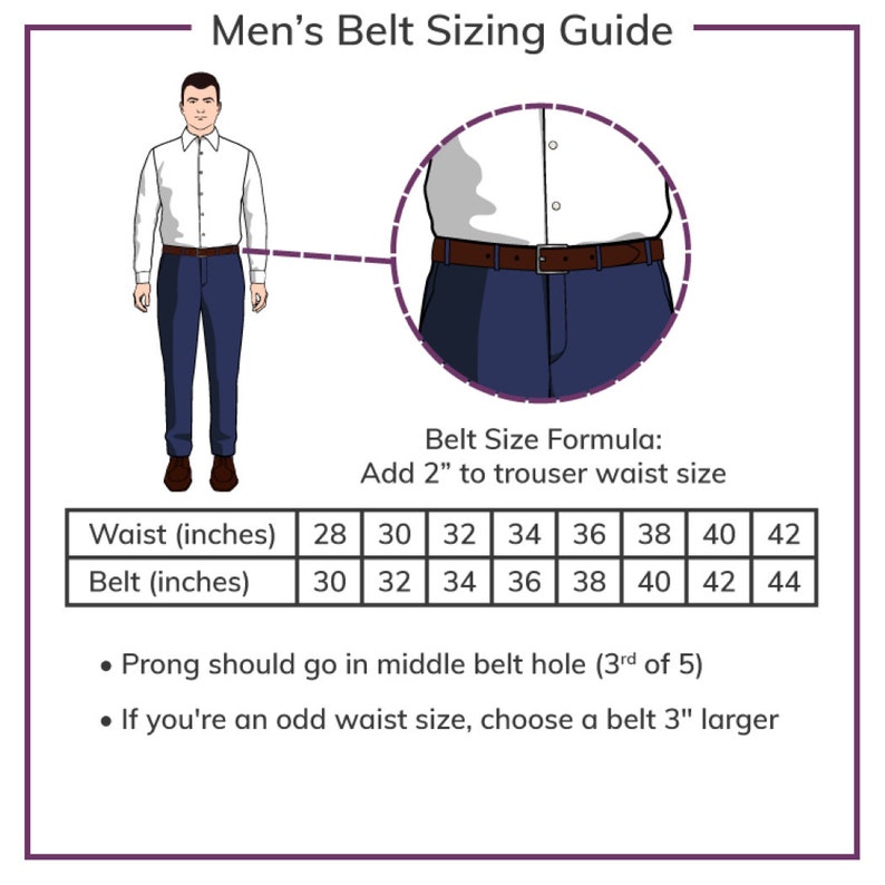 May include: A belt sizing guide with the text "Men's Belt Sizing Guide". The guide includes a chart showing waist sizes in inches from 28 to 42, and corresponding belt sizes from 30 to 44 inches. It also shows a diagram of a person wearing a belt.