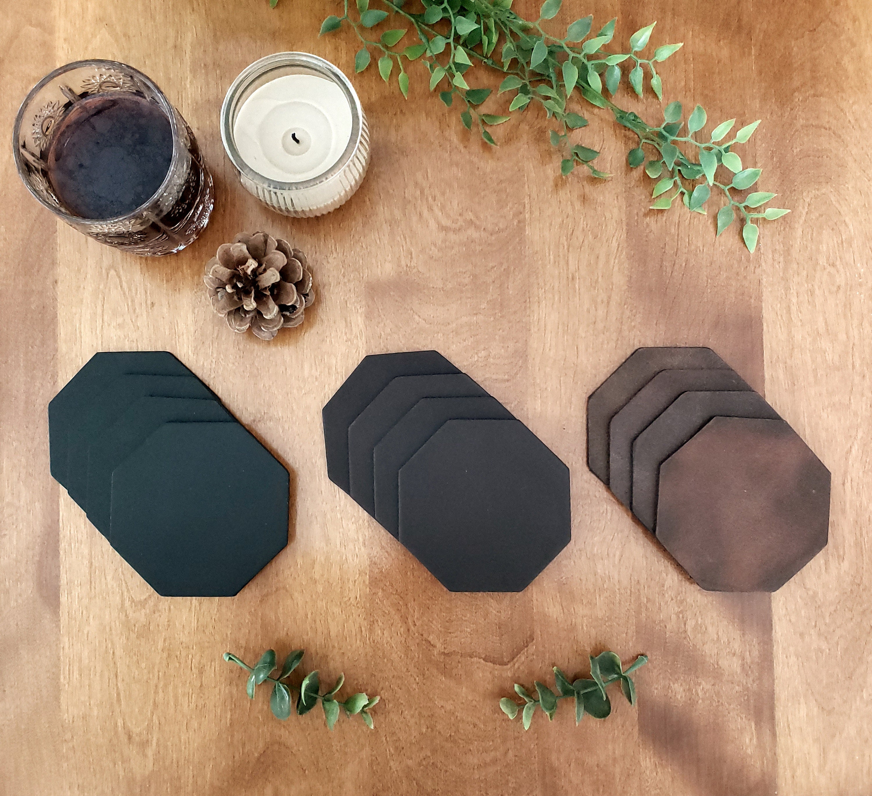Octagon Coasters, 4pc Leather Coaster Set, 9-10 oz Full Grain Leather Cut Outs, Beer Coaster, Drink Coaster, Gift for Dad