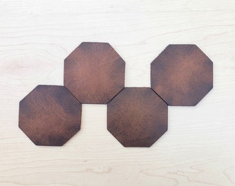 Leather Coasters, Distressed Leather Coaster Set of 4, 9-10 oz  Brown Cognac Full Grain Leather Coasters, Beer Coasters, Drink Coasters