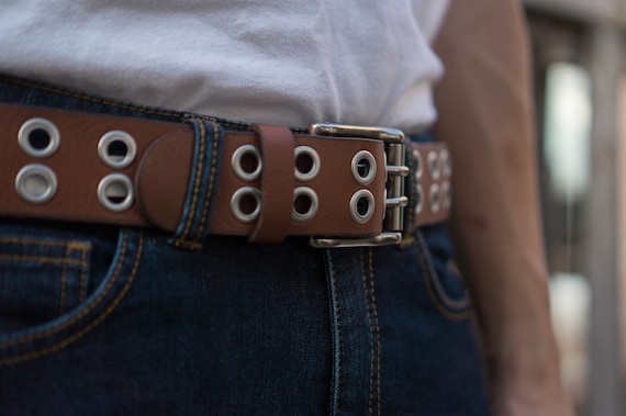 Vintage Deep Brown Bonded Top Genuine Leather Grommet Belt Size S Brown Full Grain Leather Double Grommet Belt, Handmade in  main image 4
