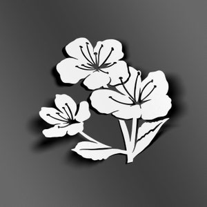 May include: White paper cut-out of a flower with three blossoms and leaves. The flower is a simple design with five petals and a centre.