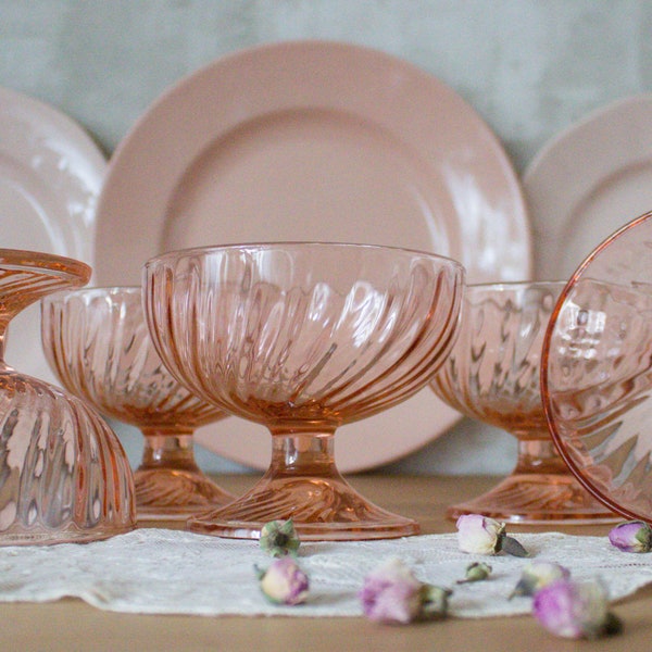 Vintage French  Glass Ice-Cream Coupes Bowls, Blush Pink Glassware, Rosaline, Art Deco 1960s, Depression Glass Made in France