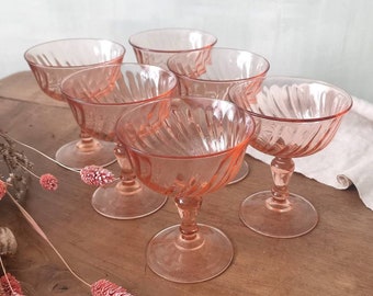 Vintage French Set of Champagne Glass, Ice-cream Coupes, Blush Pink Glasseware, Rosaline, Art Deco 1960s, Tempered Glass, Made in France