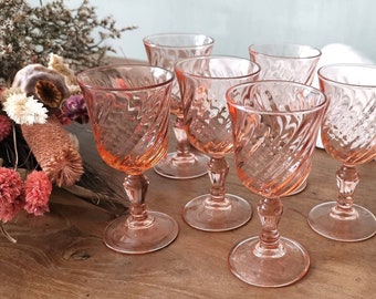 vintage Français Set de 6 verres à liqueur TAILLE D, Verrerie Blush Rose, Rosaline, Art Déco années 1960, Verre Trempé, Fabriqué en France