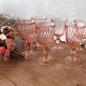 Vintage French Set of 6 Wine Glasses SIZE C, Blush Pink Glasseware, Rosaline, Art Deco 1960s, Tempered Glass, Made in France
