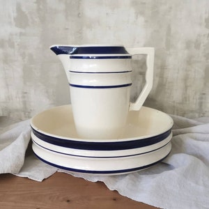 Antique French Ironstone Toilet Set, Choisy le Roi HB & Cie, White and Blue Strips image 1