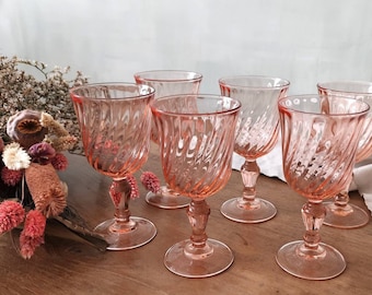 Vintage French Pink Wine Glasses Set: Art Deco Rosaline Glasseware