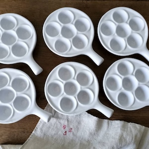 Set of 6 Vintage French Snail Plates / White Ceramic / Escargot Cooking Dishes Oven Proof