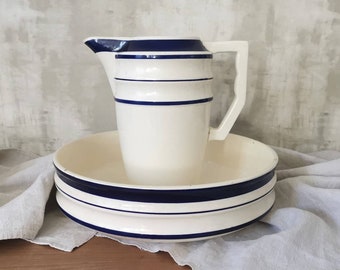 Antique French Ironstone Toilet Set, Choisy le Roi HB & Cie, White and Blue Strips