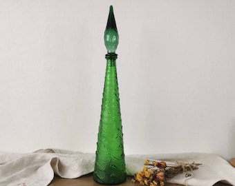 Vintage Italian Genie Bottle, Empoli Glass Decanter, Large Tall Green Bottle