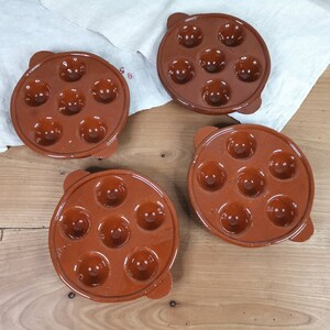 Set of 4 Vintage French Snail Plates / Terracotta / Escargot Cooking Dishes Oven Proof