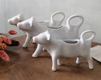 French Vintage White Porcelain Cow Milk Jug, Creamer Stamped APILCO, Sauce Boat, Serving Sauce