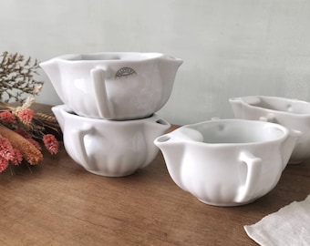 1 French Vintage PILLIVUYT White Porcelain Gravy Boat with Two Spouts for Fatty and Lean Gravy, Double Handle and Spout