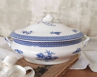 1925 Antique French Ironstone Soup Tureen white & Blue / Large Blue Flowers / SARREGUEMINES FRANCE HELSINGOR / Art Nouveau / Lidded Tureen