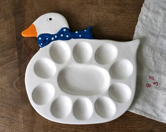 Vintage White Ceramic Egg Tray, Duck Shaped Plate, Egg Display Stand, 10 Eggs, Egg Storage Holder, Country French Farmhouse