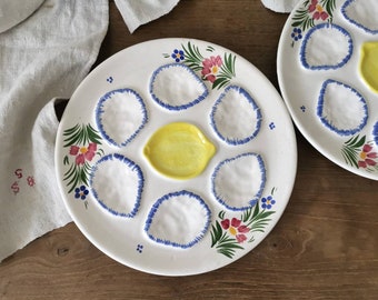 Vintage French Oyster Plate, Handpainted OysterPlatter, White Blue Yellow Majolica, Flowers Decor