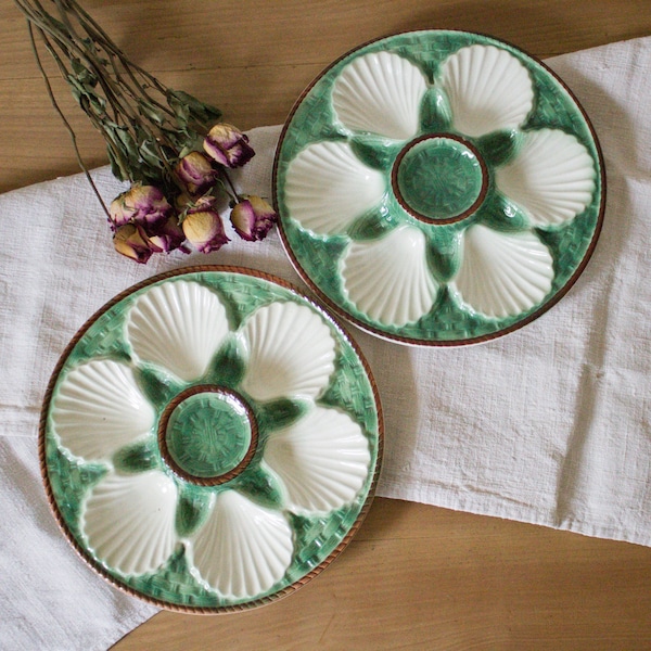 2 French Antique Oyster Plate LONGCHAMP France/ Green and White Majolica Shell Plate / Shell Platter / Dish