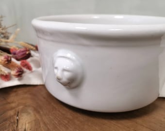 Antique French White Serving Bowl w Lion Head Handles, White Porcelain, White Salad Bowl, Planter