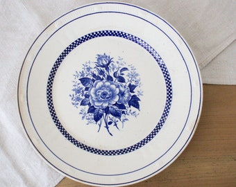 French Antique Ironstone plate, white & Blue Pattern, Blue Rose Flower, Blue Checks Edging, Dish Stamped VILLEROY BOCH, Late 19th