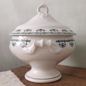1800 French Antique Soup Tureen Stamped Saint AMAND, Floral Pattern, Art Nouveau Transferware, White Green Transferware