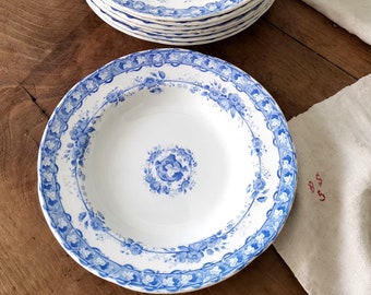 Antique French Plate, Stamped CREIL MONTEREAU "Vigne", White Blue Pattern, Art Nouveau, Transferware, Vine Leaf