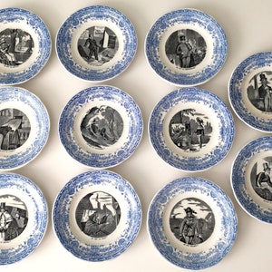 11 Antique French Dessert Talking Plates, Stamped GIEN, Blue Transferware