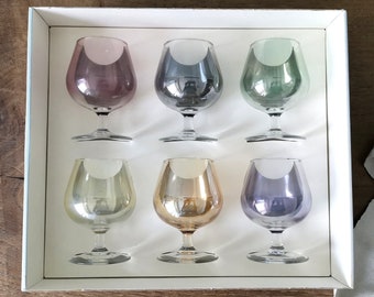 Ensemble de 6 verres à cognac français vintage LUMINARC dans leur boîte d'origine, petits verres, verre irisé, verres à verre