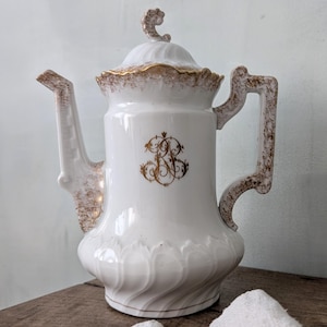1900 Antique Limoges Monogrammed Coffee Pot, White Gold Porcelain Teapot