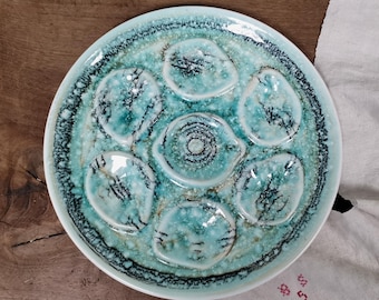 Assiette à huîtres vintage française NIDERVILLER / Assiette de coquillages en majolique bleu turquoise / Plat de coquillages