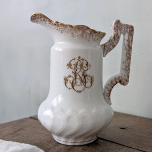 1900 Antique Limoges Monogrammed Creamer, White Gold Porcelain Cream Pot