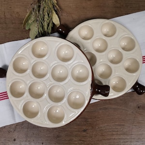 2 Vintage French Snail Plates / Escargot Cooking Dishes / Oven Proof / Brown Beige Earthenware / 12 compartments