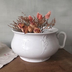 Antique Plain White Ironstone Low Chamber Pot, WOOD & SONS England, Embossed Details, 1910