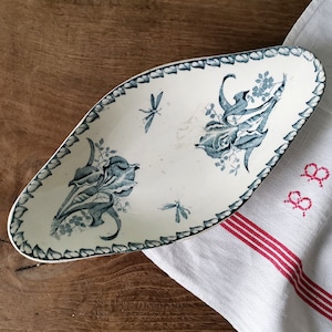Antique French Ravier, White Blue Ironstone BADONVILLER, Floral Ceramic Small Serving Plate, Iris Flower & Dragonfly