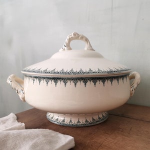 French Antique Soup Tureen Stamped PARIS, Art Nouveau, Green Transferware