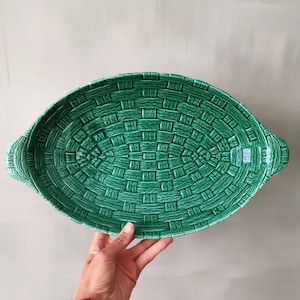 Antique French Deep Oval Serving platter, Stamped DIGOIN France, Green Majolica, Wooven Pattern, Fruit bowl