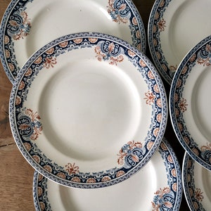 6 French Antique Ironstone Dinner Plates Stamped LONGWY, Sepia Blue Transferware , Art Nouveau Patterned  Plates