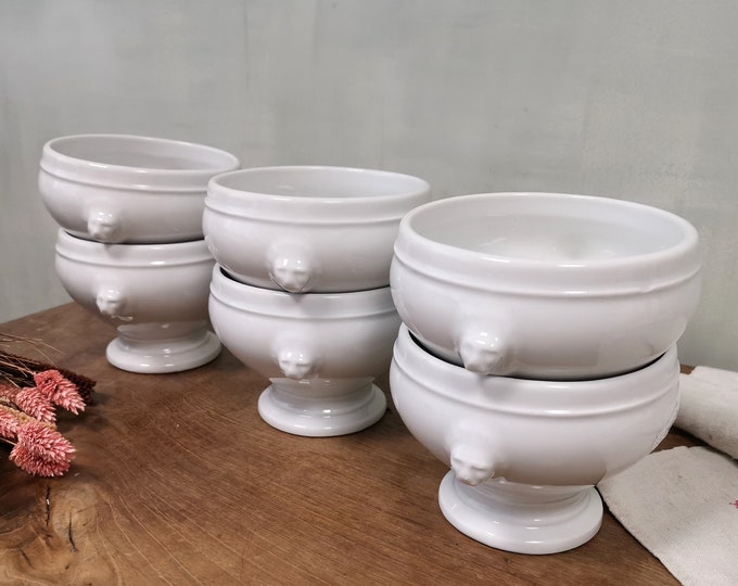 6 Antique French Soup Bowls With Lion Head Handles, White Ironstone