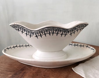 Antique French Sauce Boat Stamped ST AMAND  / White Blue Pattern / Ironstone Gravy Boat / Art Nouveau