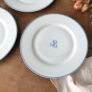 Set of LARGE White Porcelain Flat Dinner Plates, Stamped COQUET LIMOGES, Monogrammed Plates, Blue Egding Trim