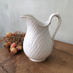 Antique White Ironstone Pitcher stamped GIEN, Embossed Acanthus Leaf, Shabby Chic Water Jug