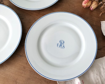 Set of LARGE White Porcelain Flat Dinner Plates, Stamped COQUET LIMOGES, Monogrammed Plates, Blue Egding Trim