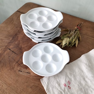 Set of 6 Vintage French Snail Plates / White Ceramic / Escargot Cooking Dishes Ovenproof