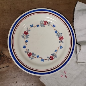 French Vintage Floral Dinner Plate, Stamped Gien, Creamy Blue Ironstone, Patterned Transferware