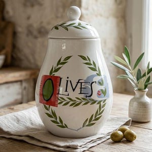 Könnte beinhalten: Ein weißer Keramikbehälter mit Deckel, verziert mit einem handgemalten Kranz aus Olivenzweigen. Das Wort OLIVES ist in schwarzen Buchstaben in der Mitte aufgedruckt, wobei ein rotes Quadrat den Buchstaben O und ein blauer Fleck das S betont.