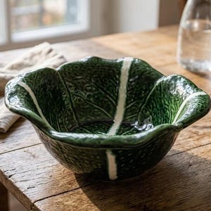 Może przedstawiać: Ceramiczna miska w kształcie zielonego liścia kapusty o teksturowanej powierzchni i wyraźnych białych żyłkach. Miska posiada falisty brzeg naśladujący naturalne krawędzie warzywa liściastego, wykończona ciemnozielonym, błyszczącym szkliwem.
