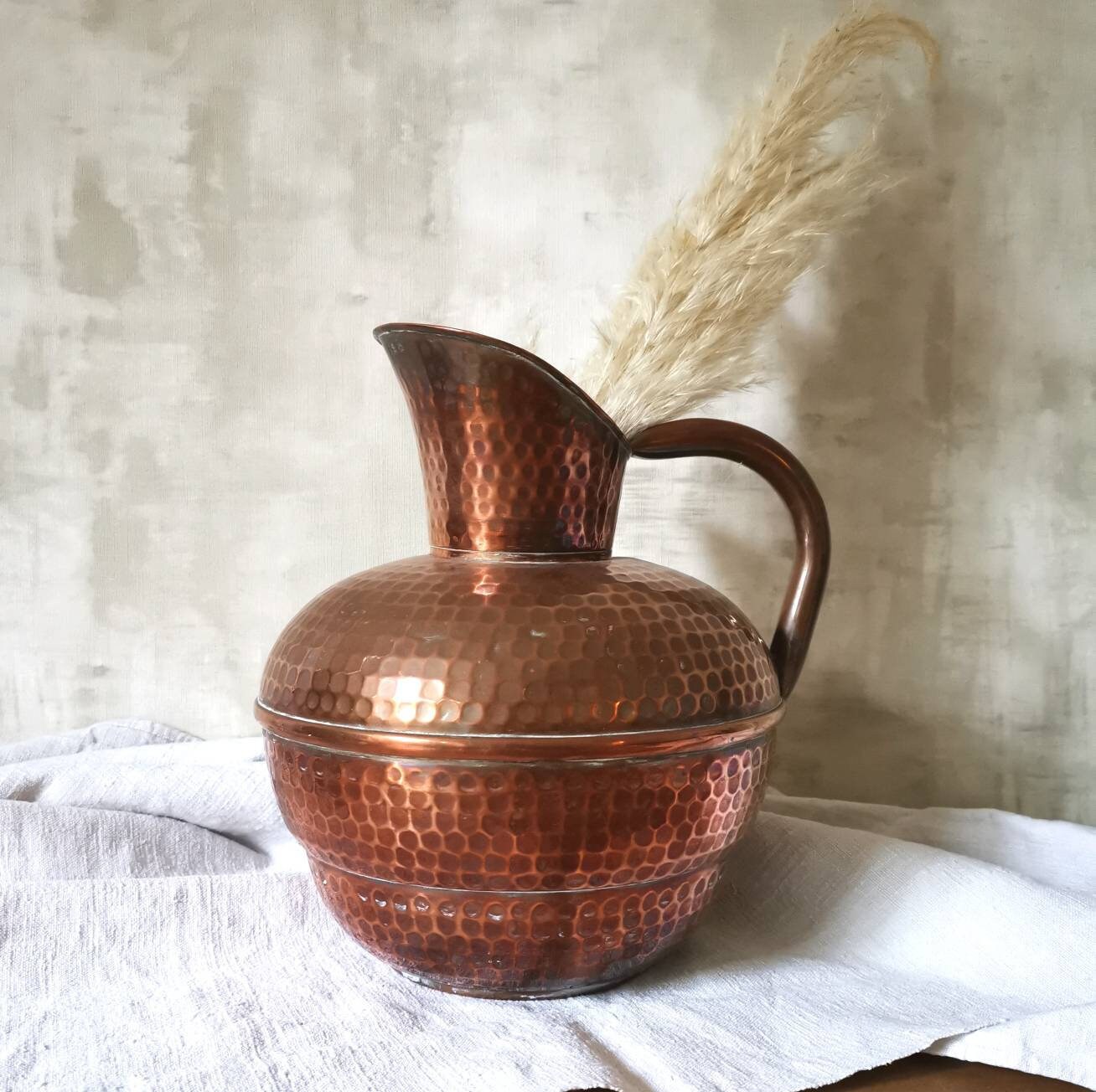 Vase en Cuivre Français Antique Estampillé Made in France Villedieu, Cruche Martelée à La Main Antiq