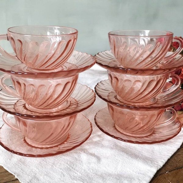 Vintage French Set of 6 Pink Glass Teacups, Blush Pink Glasseware, Rosaline, Art Deco 1960s, Tempered Glass, Made in France