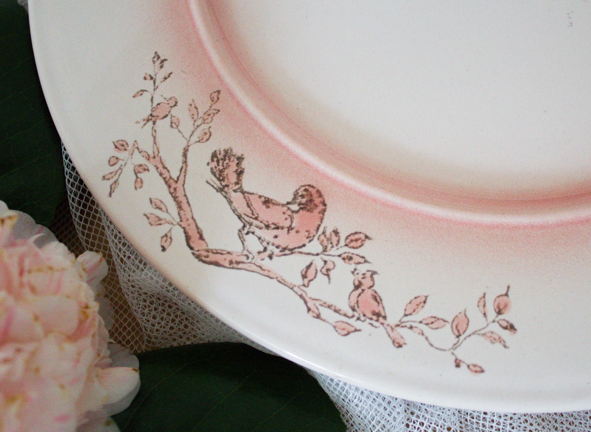 Français Antique Handpainted Plate Blush Pink W Birds On Branches/Grand Plat Rose Pastel Ste-Radegon